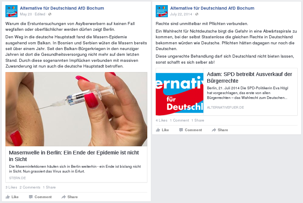 AfD Facebook-Rhetorik. links: Flüchtlinge bringen uns die Seuche? | rechts: Sarrazin hatte recht.
